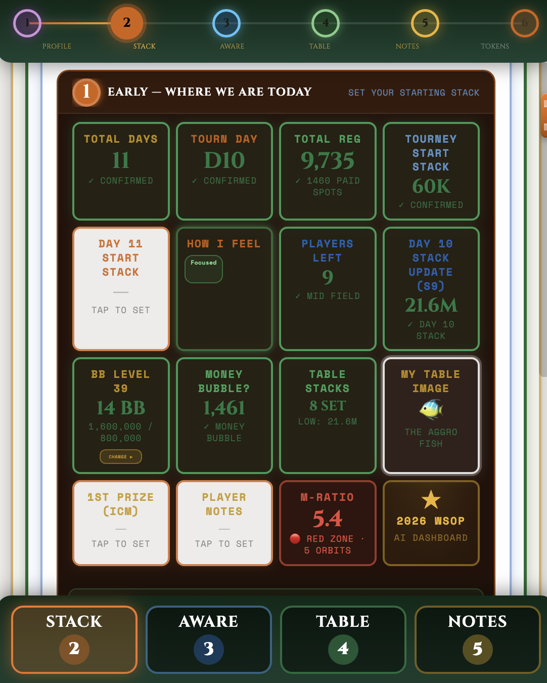 Tourney Buddy stack tracking screen